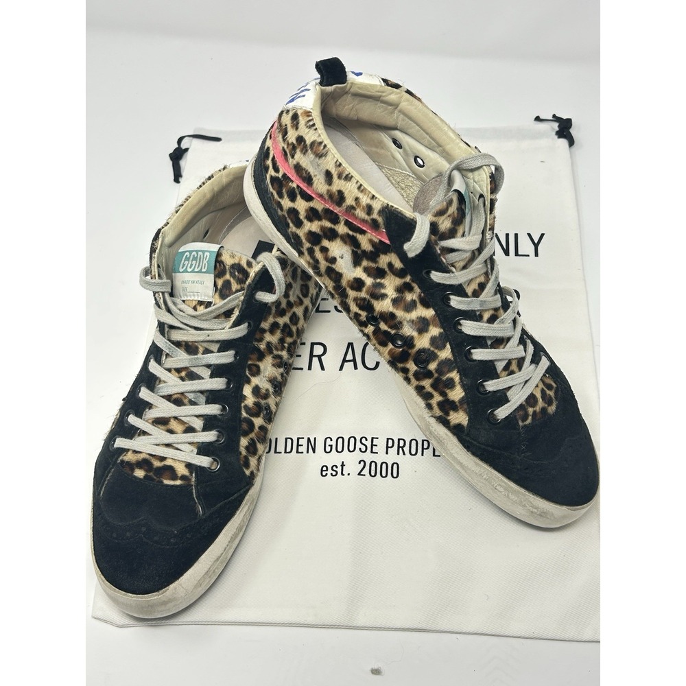 Golden Goose Mid Star Leopard Pony Hair Sneakers Women's 41 US 11 Black Star - Picture 3 of 13